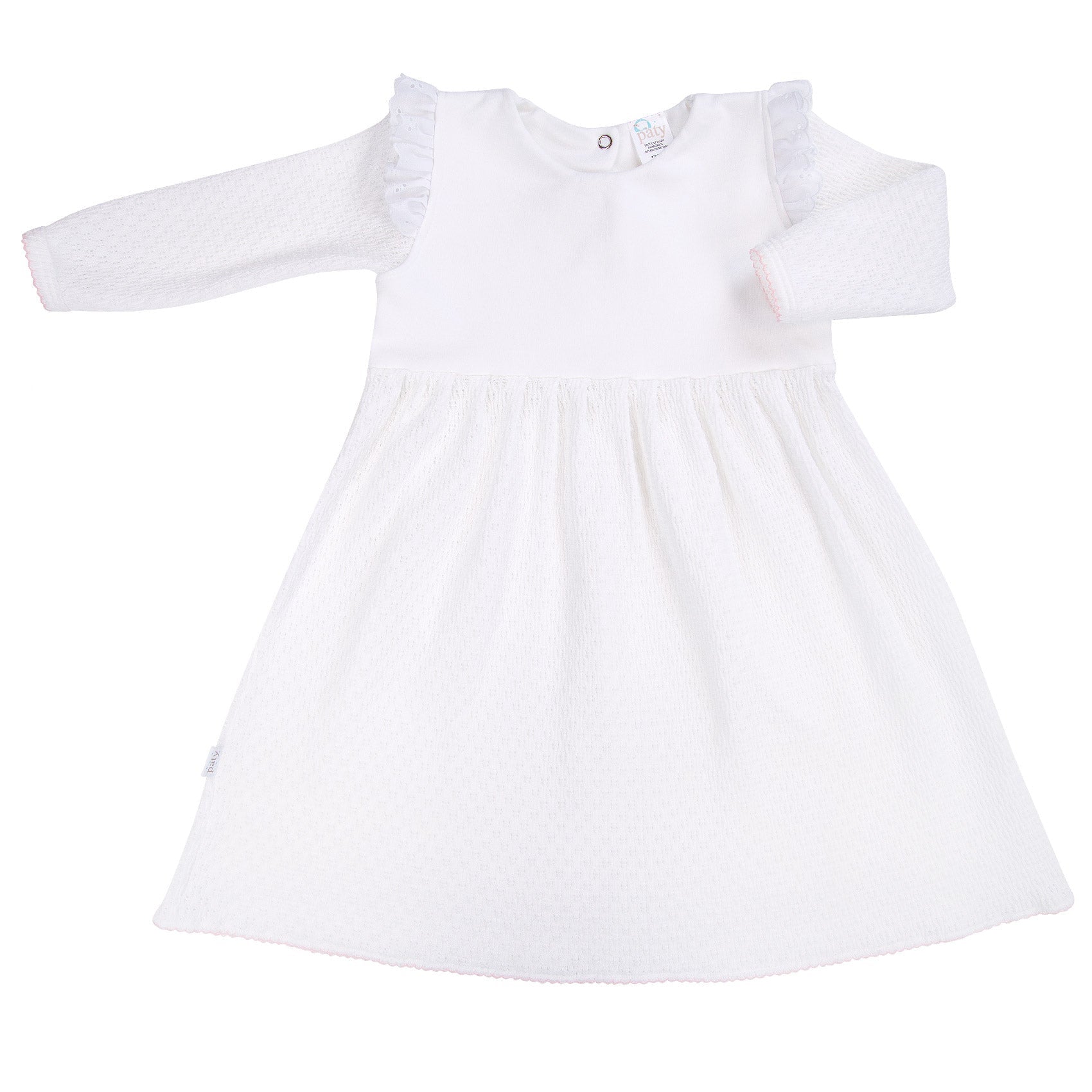 Paty Knit Long Sleeve Dress with Eyelet Flutter Trim 18 Months / White Paty Knit Long Sleeve Dress with Eyelet Flutter Trim 18 Months / White