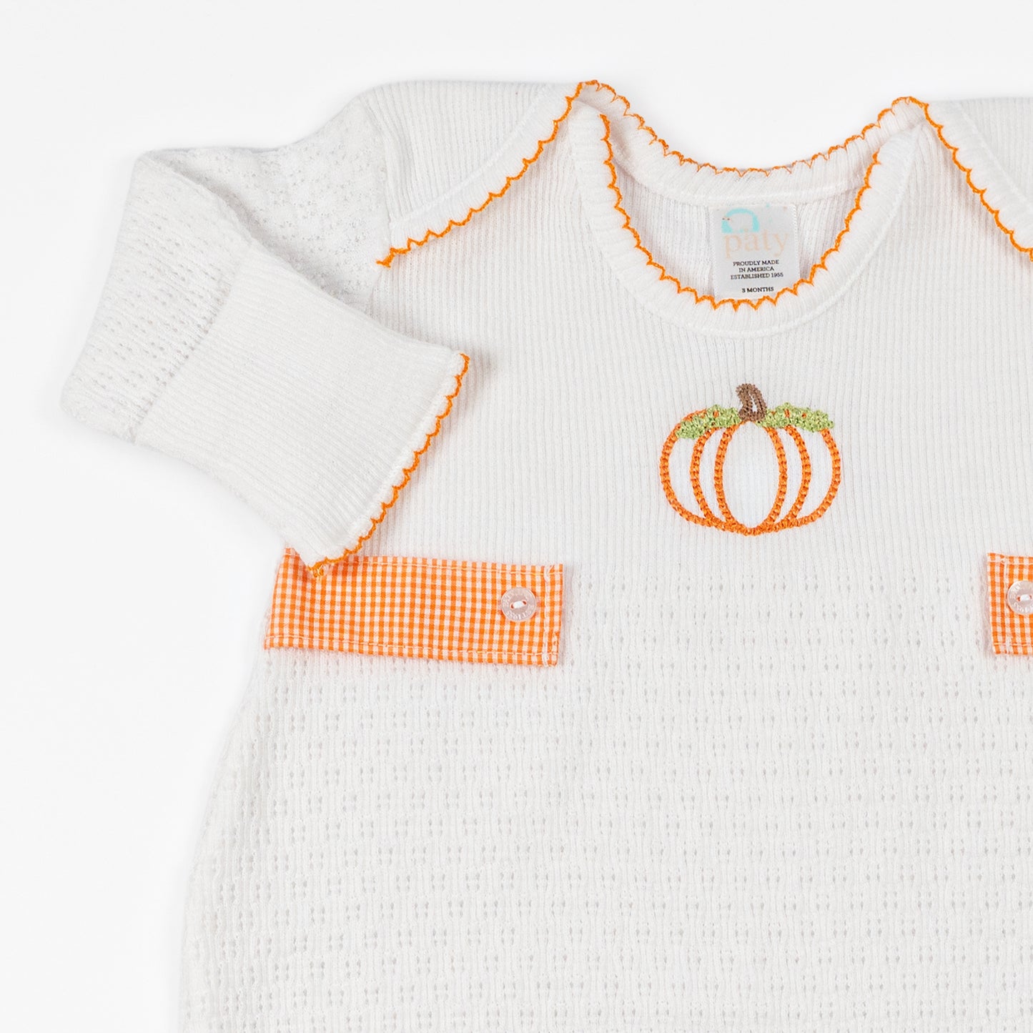 Paty Knit Overlap Shoulder Gown with Pumpkin Embroidery and Gingham Tabs