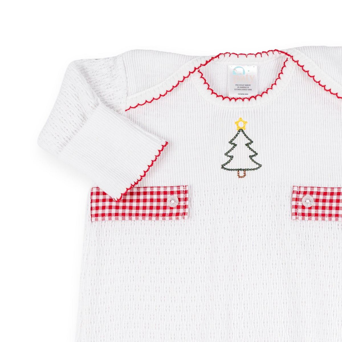 PatyKnit™ Overlap Shoulder Gown with Gingham Tab and Christmas Tree Embroidery