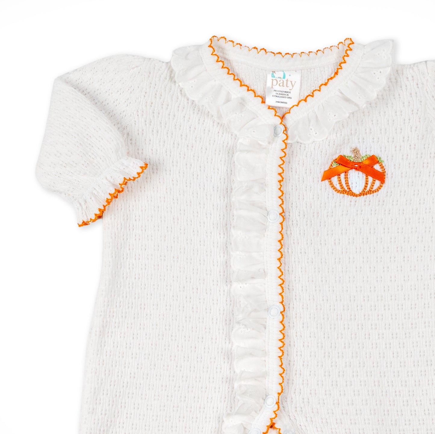 Paty Knit Eyelet Footie with Pumpkin Embroidery