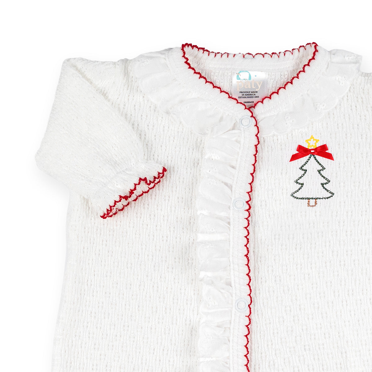 PatyKnit™ Eyelet Footie with Christmas Tree Embroidery