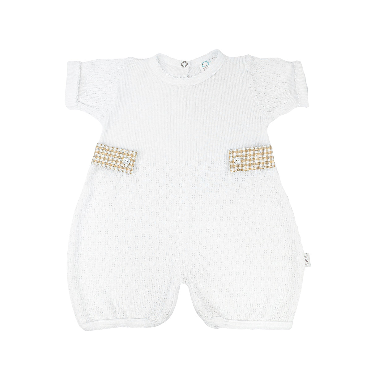 White baby Bubble with Kahki color Ghingham Tabs on side on a white background