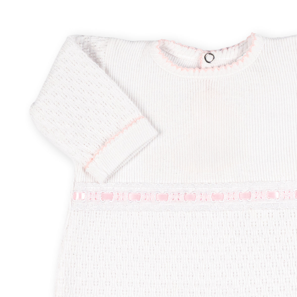 PatyKnit™ Long Sleeve Romper with Eyelet Trim