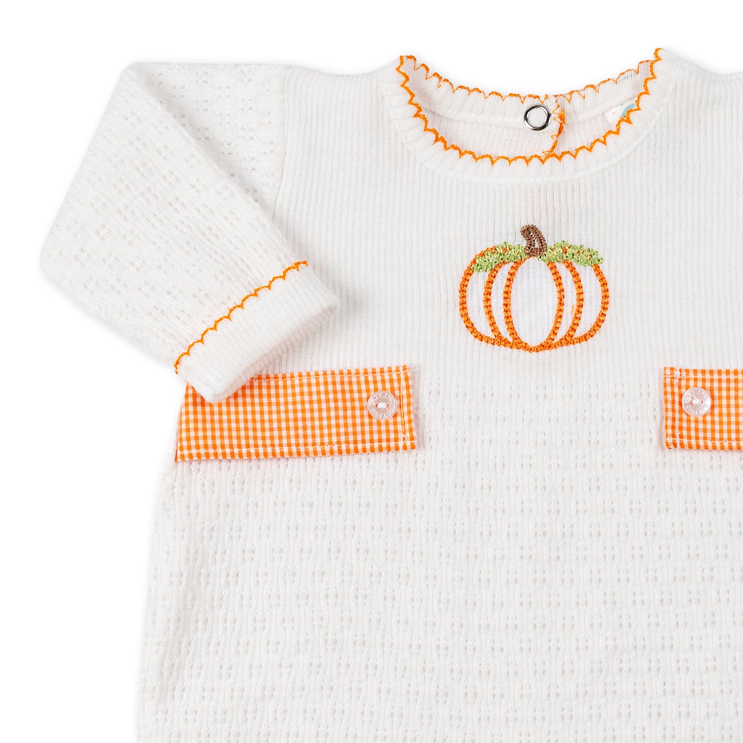 Paty Knit Long Sleeve Romper with Pumpkin Embroidery and Gingham Tabs