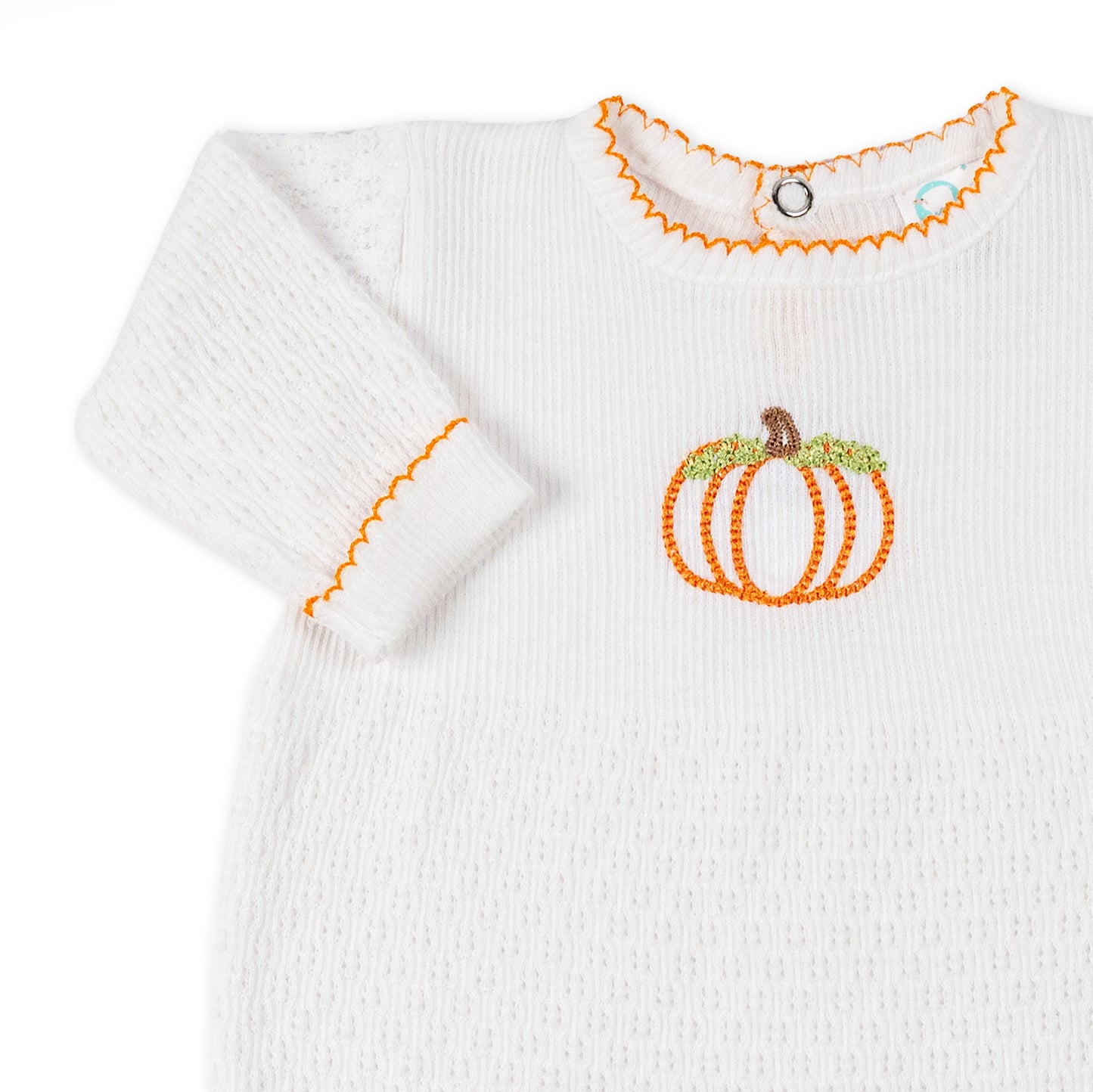 Paty Knit Long Sleeve Romper with Pumpkin Embroidery