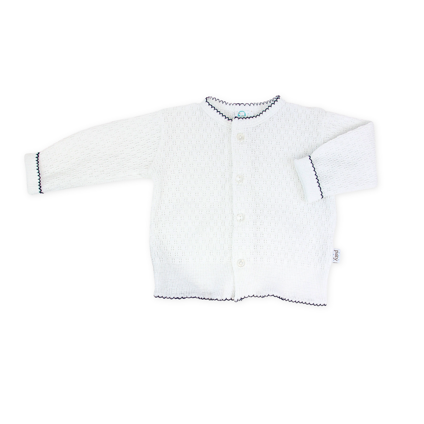 Paty Knit LS Button Up White Cardigan Sweater with Navy Blue Trim