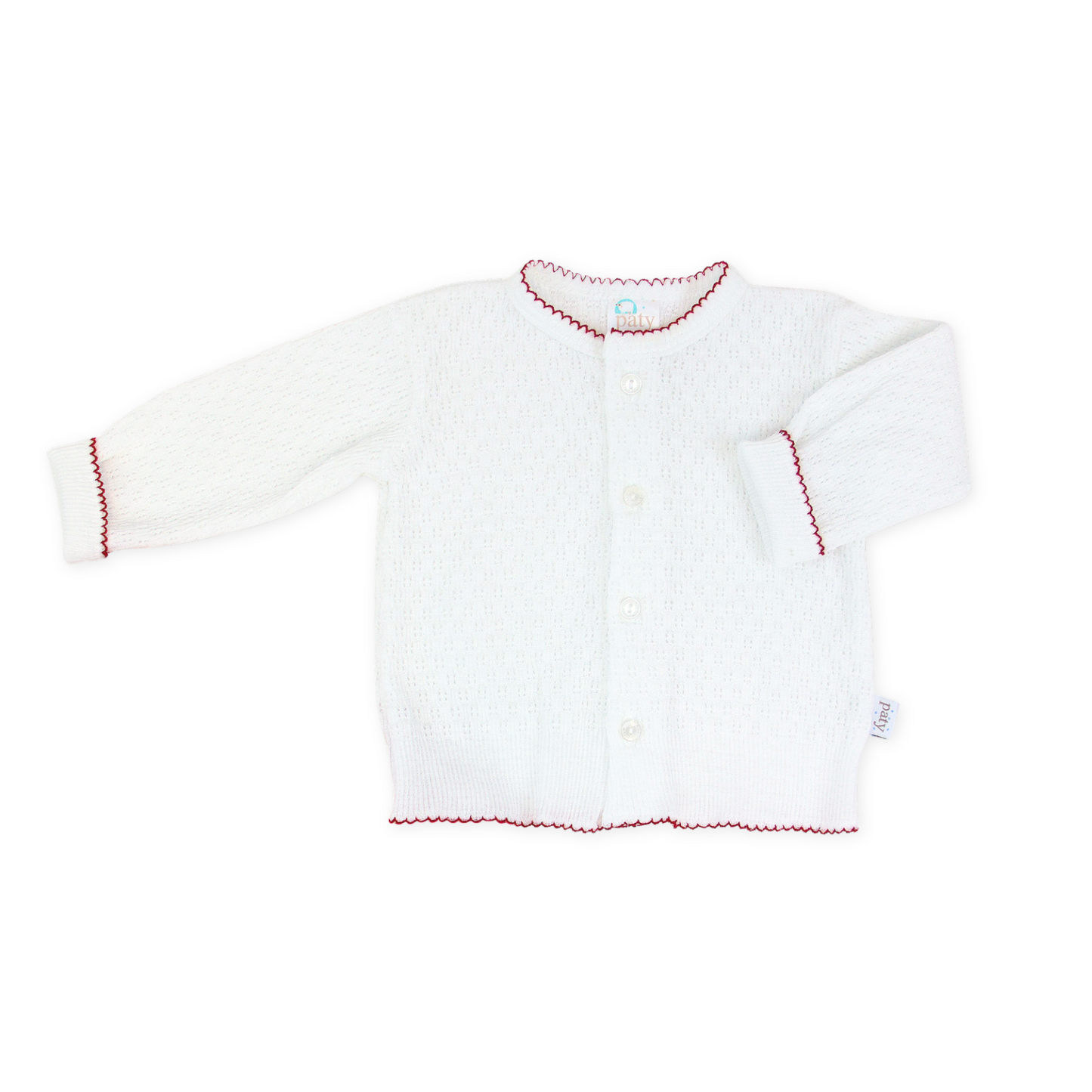 Paty Knit LS Button Up White Cardigan Sweater with Red Trim