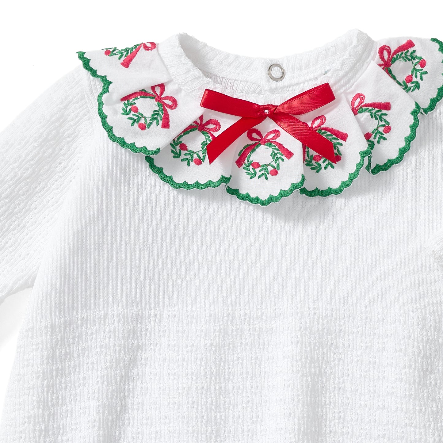 Paty Knit Baby Christmas Gown with Swiss Embroidered Wreath Trim