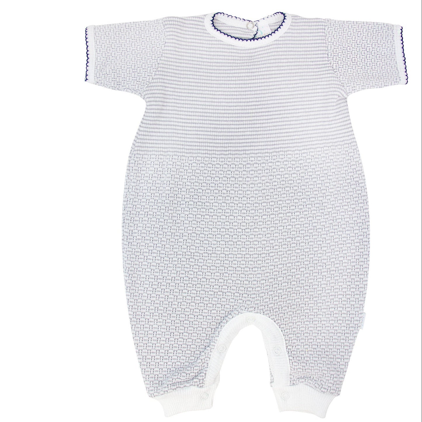 Grey with Navy Blue Trim Short Sleeve Romper with Key Hole Back