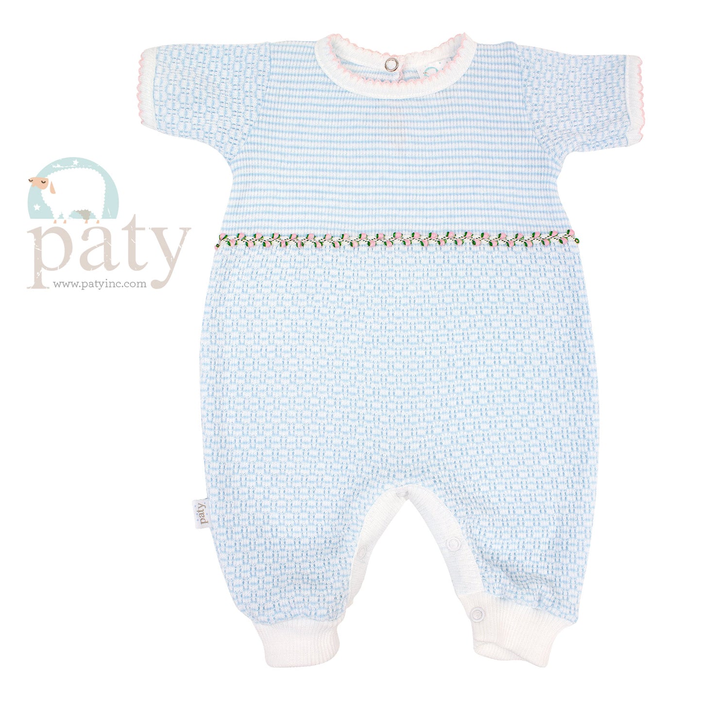 Solid blue signature, 50/50 blend, paty knit accented in light pink rosebud trim.
