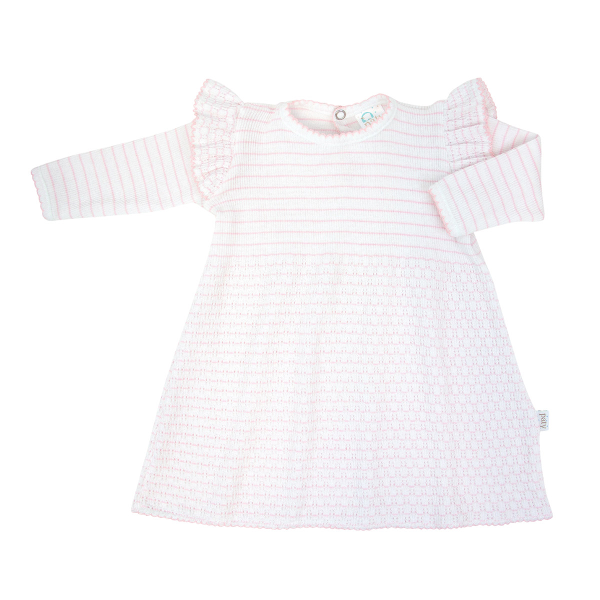 Paty Knit Pinstripe Dress with Shoulder Ruffle Trim
