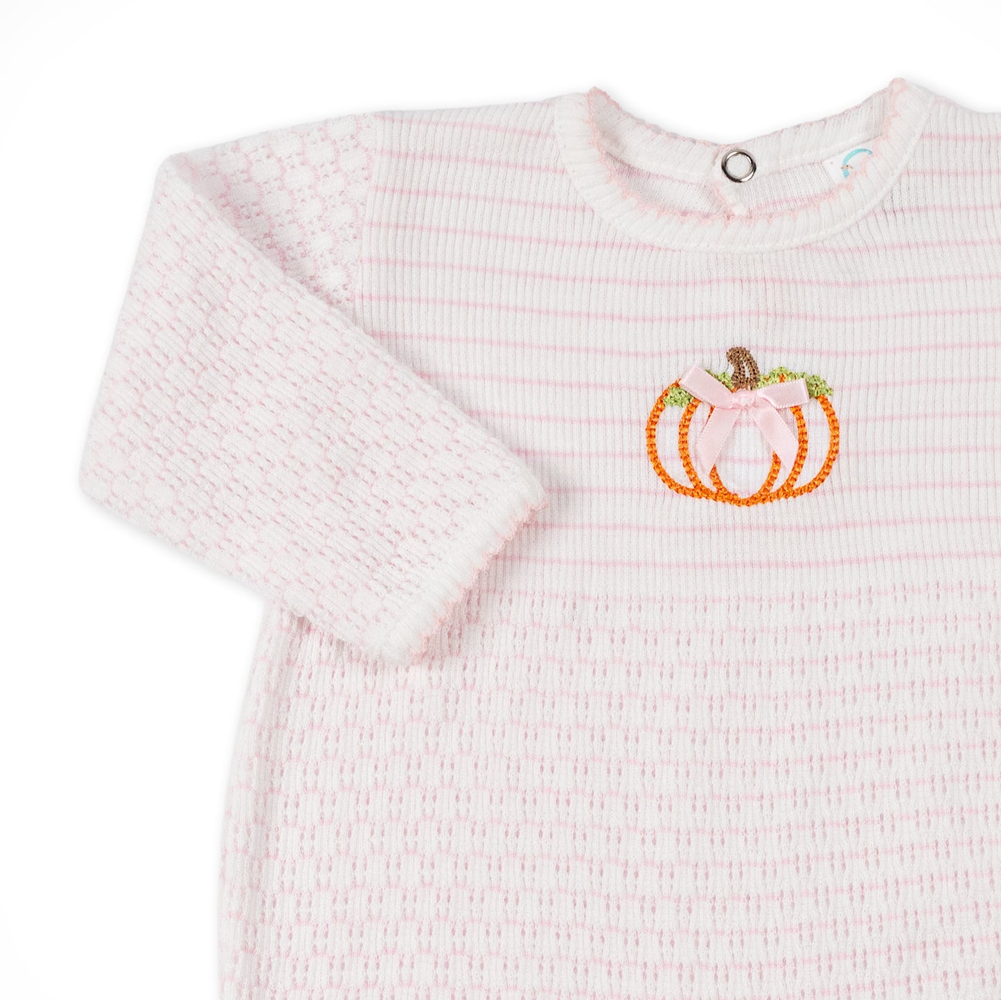 Paty Knit Long Sleeve Pinstripe Romper with Pumpkin Embroidery