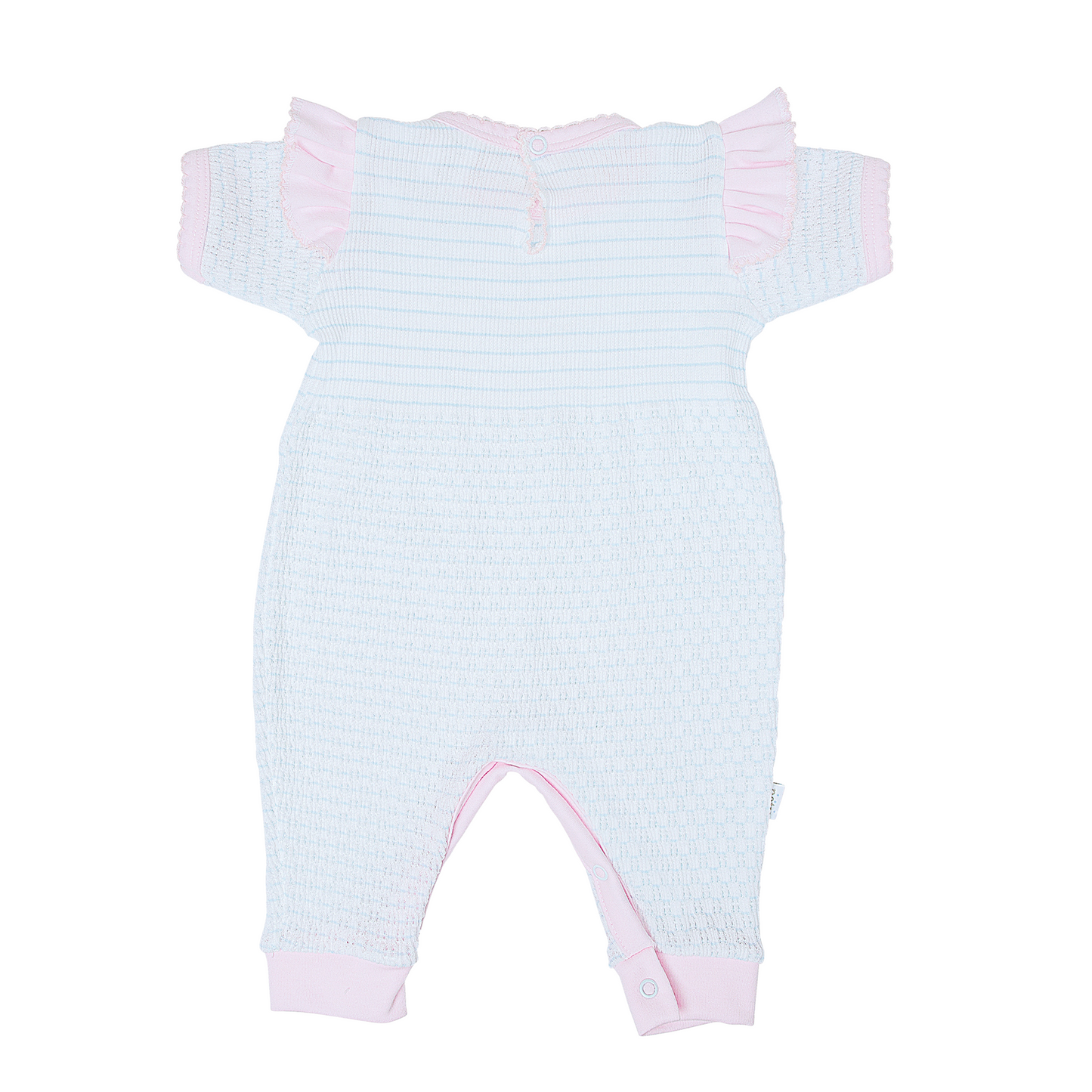 Paty Knit Short Sleeve Pinstripe Romper with Ruffle Shoulder Trim