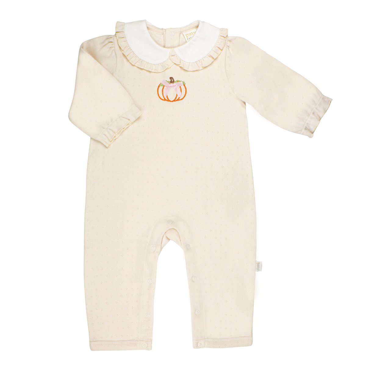 Paty Organic Cotton Pointelle Knit Pumpkin Romper with Ruffle Collar