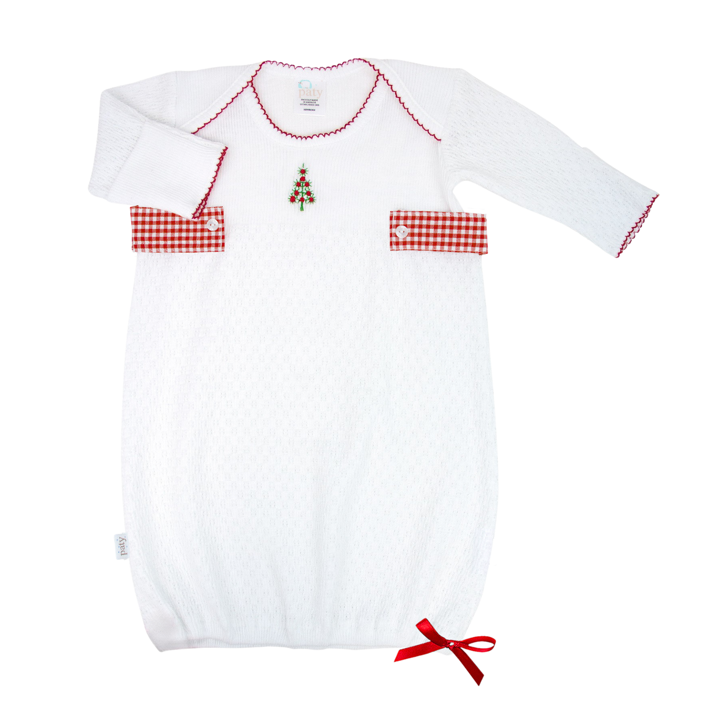 Overlap Gown with Gingham Tabs & Christmas Tree Monogram