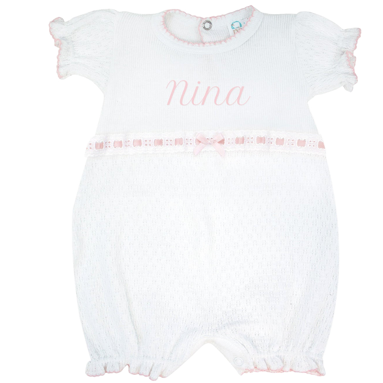 Monogrammed White Bubble with Pink Eyelet Trim