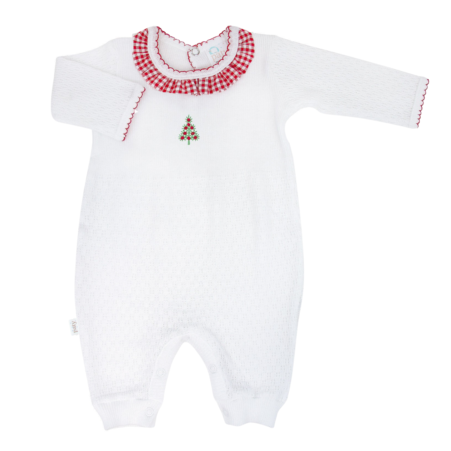 Paty Knit Romper with Ruffle Collar & Christmas Tree Embroidery