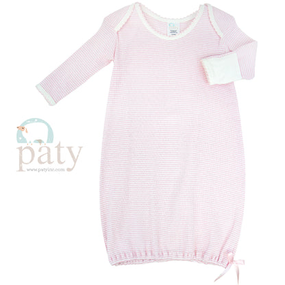Paty Long Sleeve Pink with White Trim Lap Shoulder Rib Knit Gown