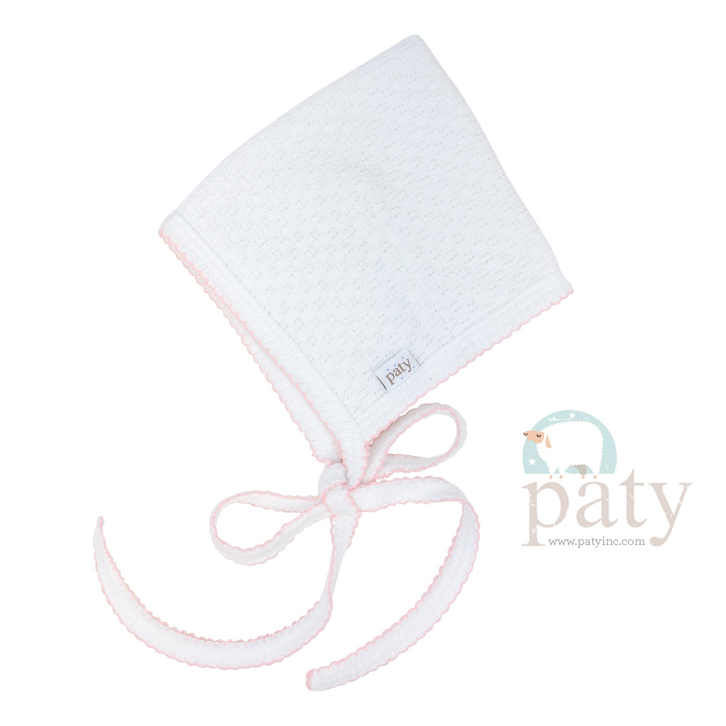 White Paty Knit Bonnet w/ Pink Trim