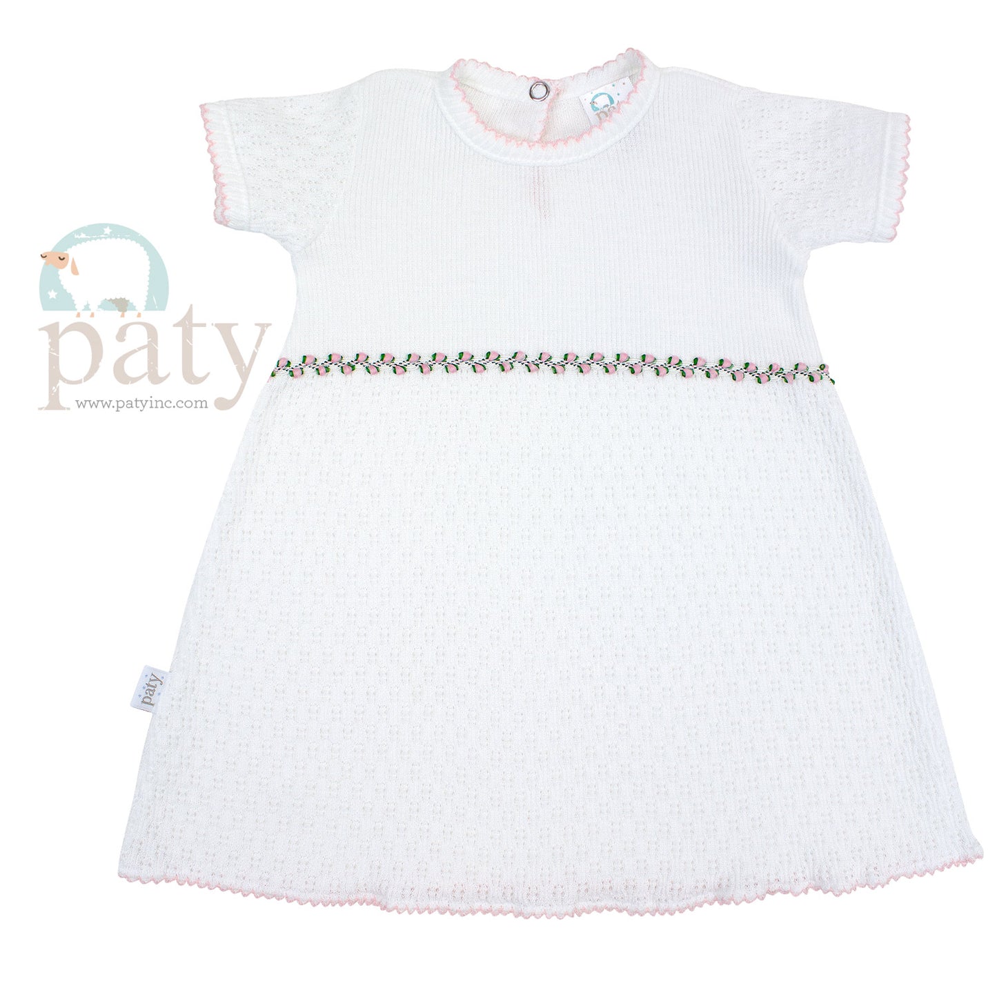 Solid white signature, 50/50 blend, paty knit accented in light pink rosebud trim.
