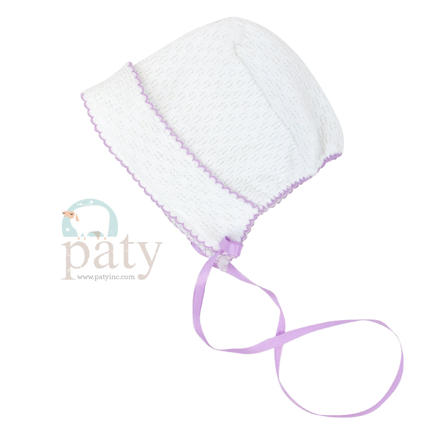 White Paty Bonnet with Ribbon Tie & Lavender Trim