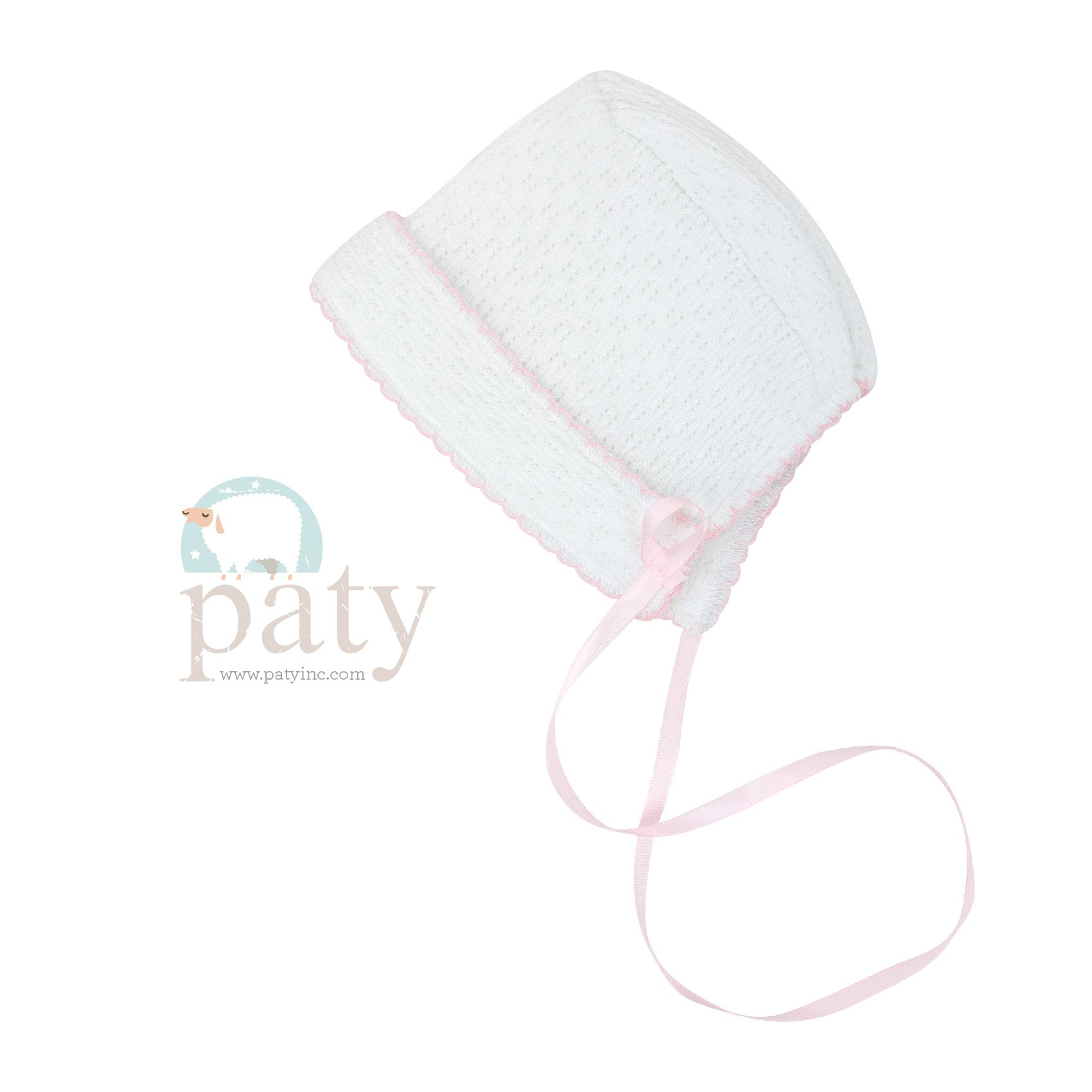 White Paty Bonnet with Ribbon Tie & Pink Trim