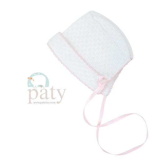 White Paty Bonnet with Ribbon Tie & Pink Trim