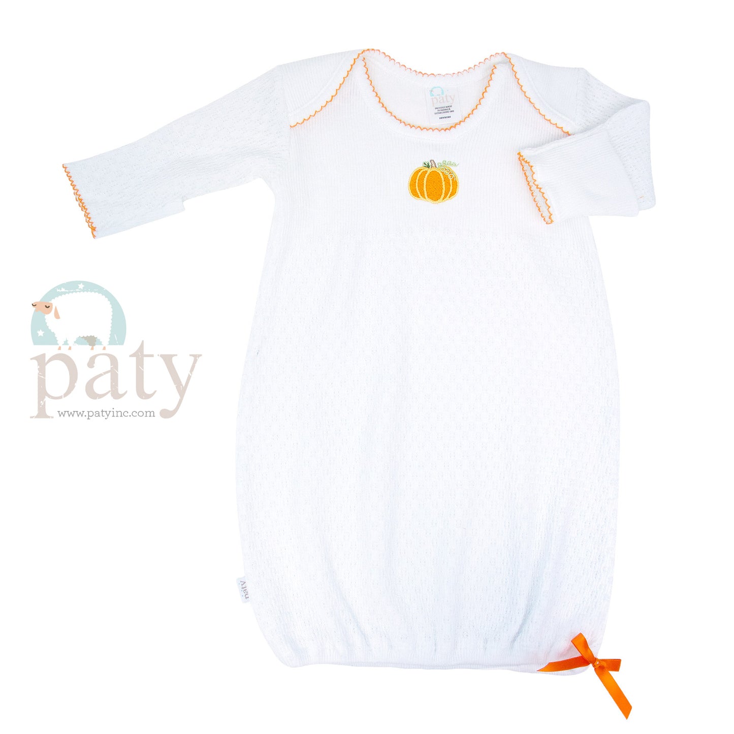 Overlap Shoulder Gown w/ Bow, Pumpkin Embroidery