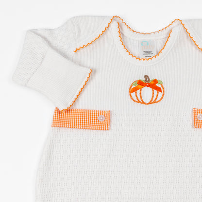 Paty Knit Overlap Shoulder Gown with Pumpkin Embroidery and Gingham Tabs