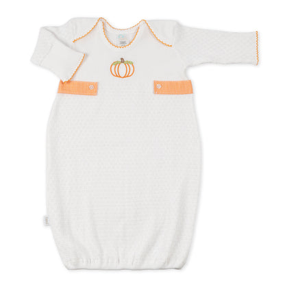 Paty Knit Overlap Shoulder Gown with Pumpkin Embroidery and Gingham Tabs