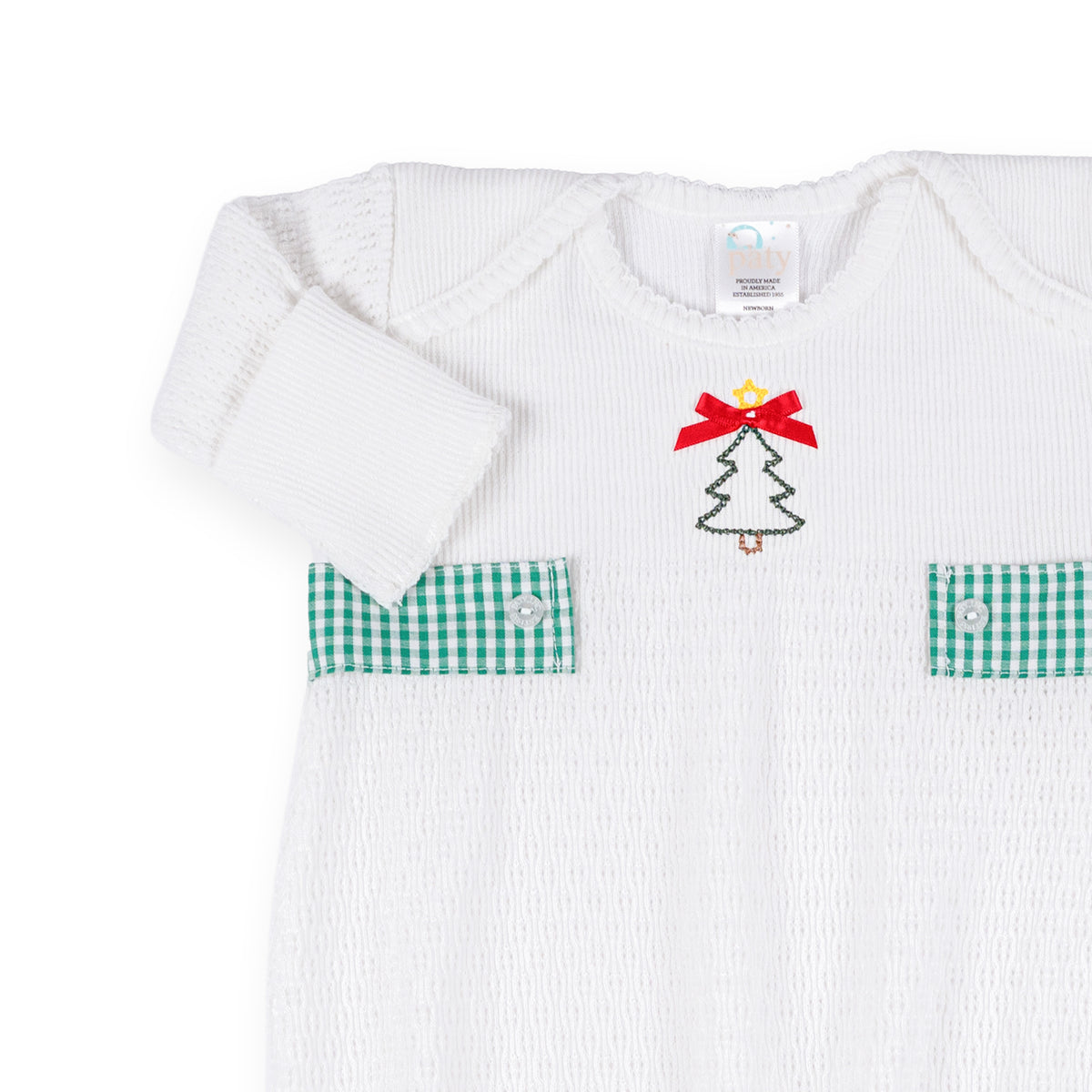 PatyKnit™ Overlap Shoulder Gown with Gingham Tab and Christmas Tree Embroidery