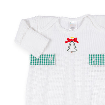 PatyKnit™ Overlap Shoulder Gown with Gingham Tab and Christmas Tree Embroidery