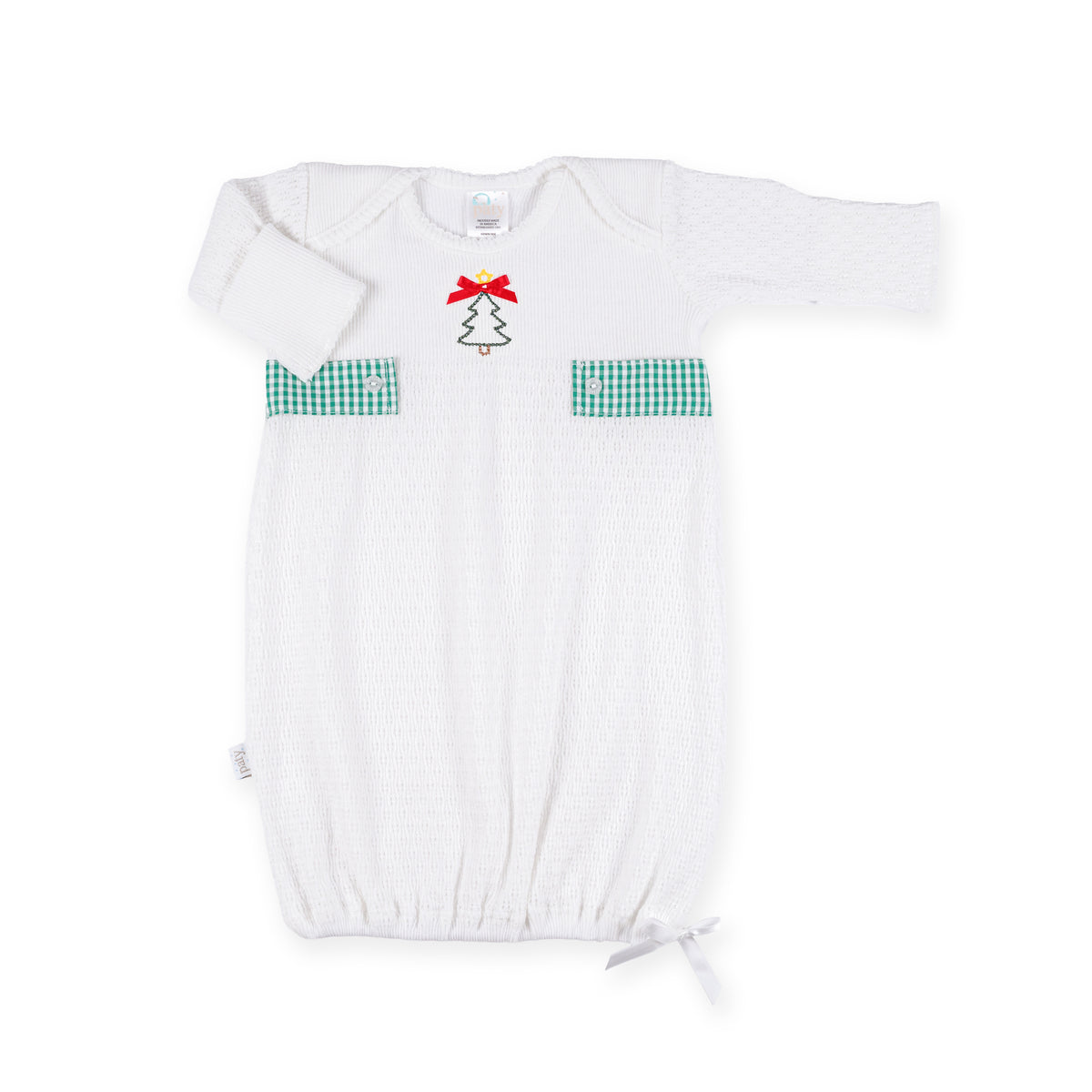 PatyKnit™ Overlap Shoulder Gown with Gingham Tab and Christmas Tree Embroidery