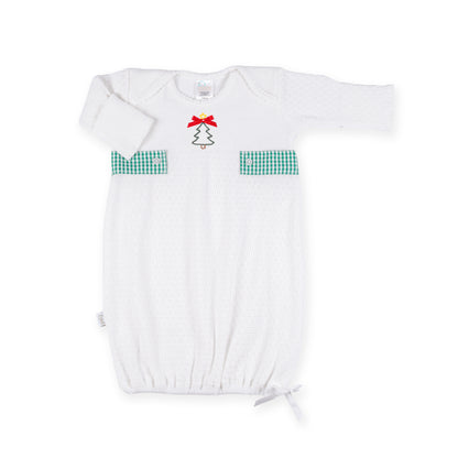 PatyKnit™ Overlap Shoulder Gown with Gingham Tab and Christmas Tree Embroidery