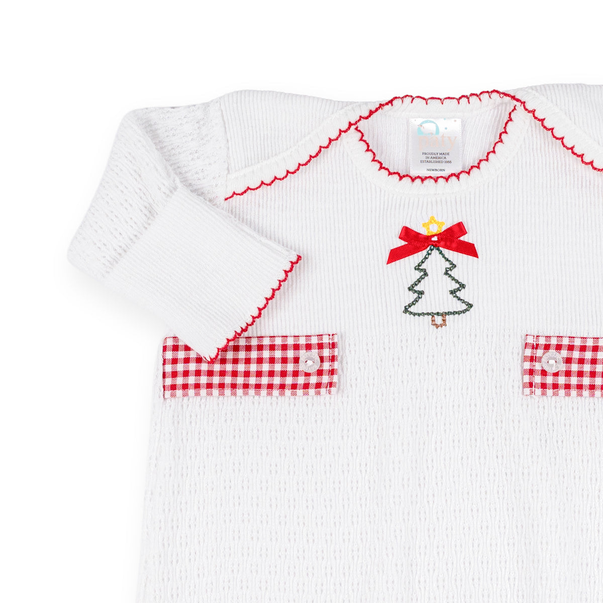 PatyKnit™ Overlap Shoulder Gown with Gingham Tab and Christmas Tree Embroidery
