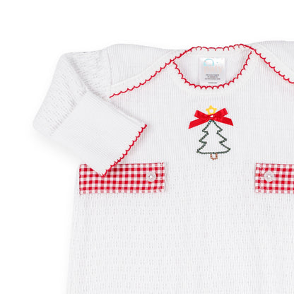 PatyKnit™ Overlap Shoulder Gown with Gingham Tab and Christmas Tree Embroidery