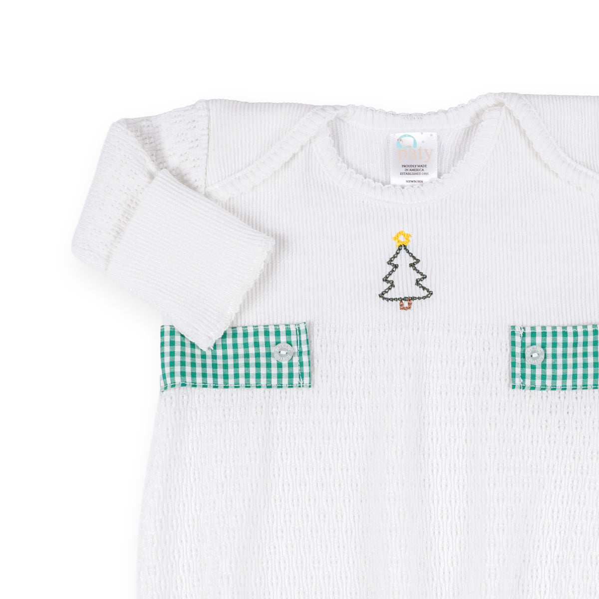 PatyKnit™ Overlap Shoulder Gown with Gingham Tab and Christmas Tree Embroidery