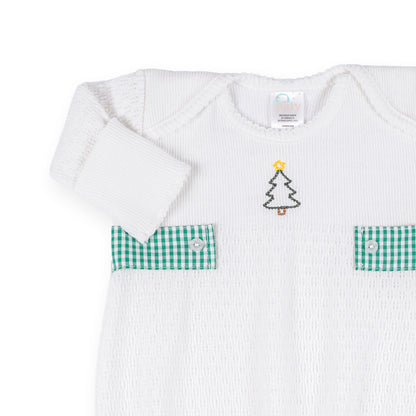 PatyKnit™ Overlap Shoulder Gown with Gingham Tab and Christmas Tree Embroidery