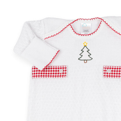 PatyKnit™ Overlap Shoulder Gown with Gingham Tab and Christmas Tree Embroidery