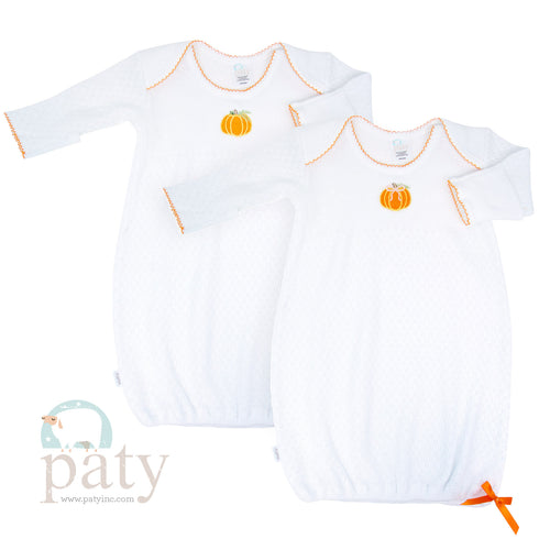 Overlap Shoulder Gown w/ Bow, Pumpkin Embroidery