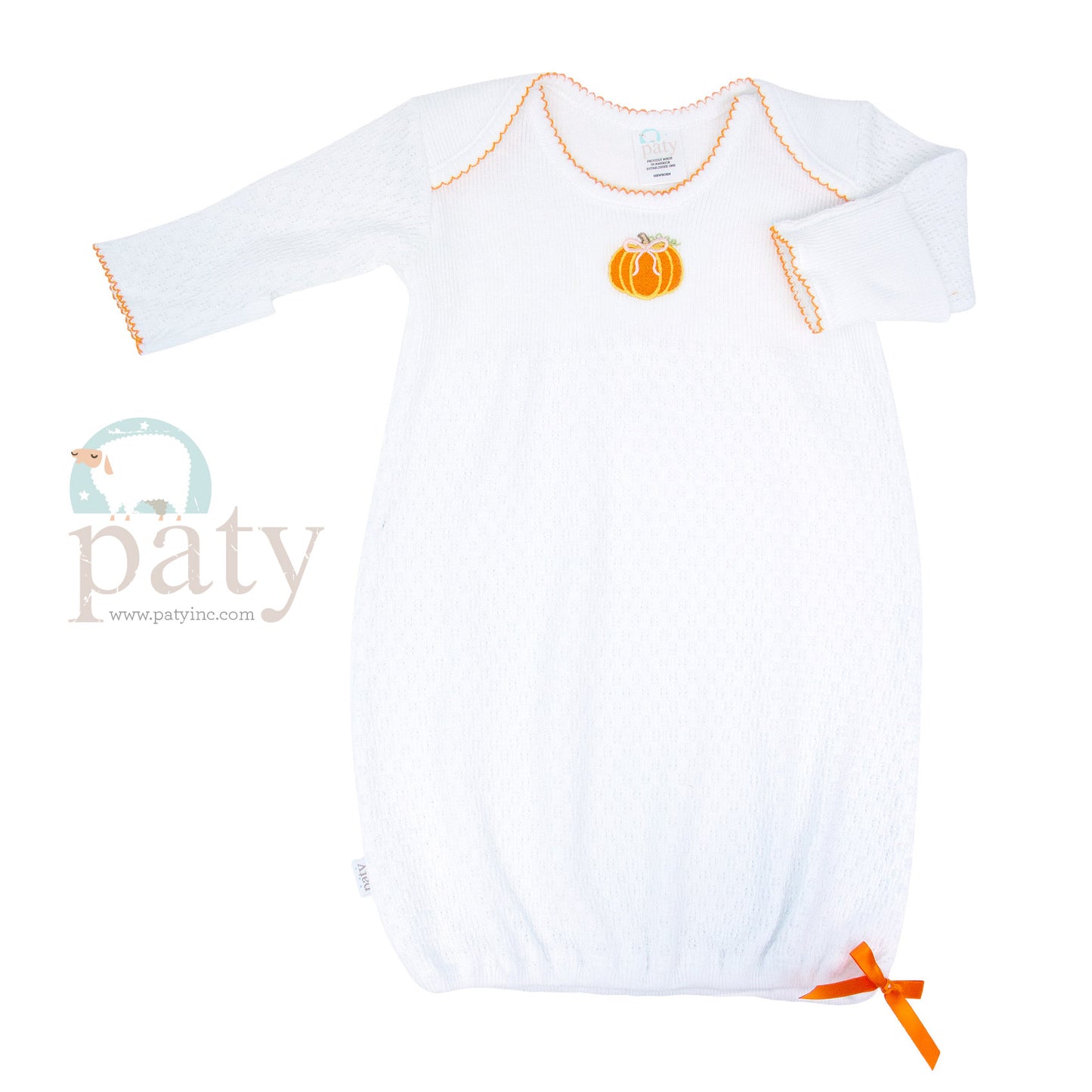Overlap Shoulder Gown w/ Bow, Pumpkin Embroidery