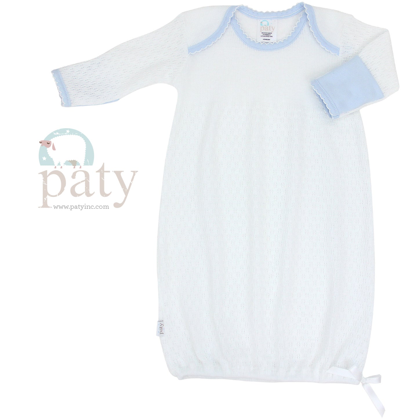 White Knit LS Lap Shoulder Gown w/ Blue Trim