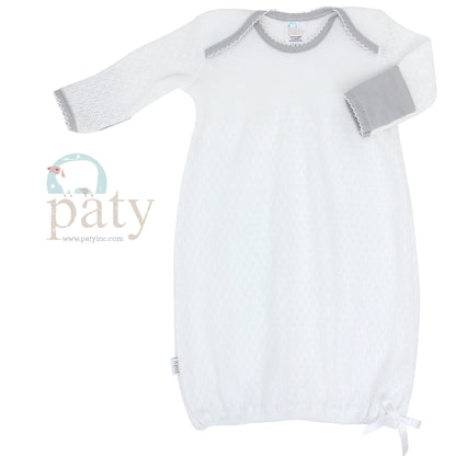 White Knit LS Lap Shoulder Gown w/ Grey Trim