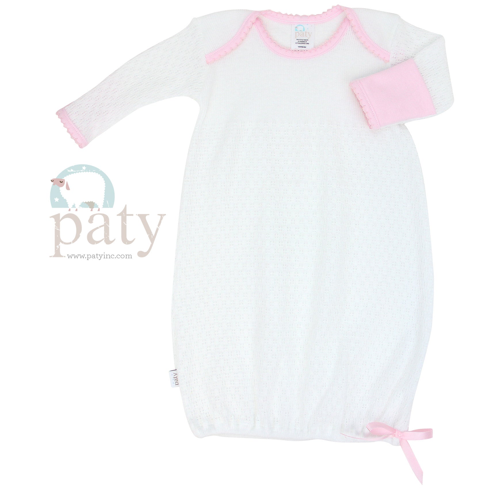 White Knit LS Lap Shoulder Gown w/ Pink Trim