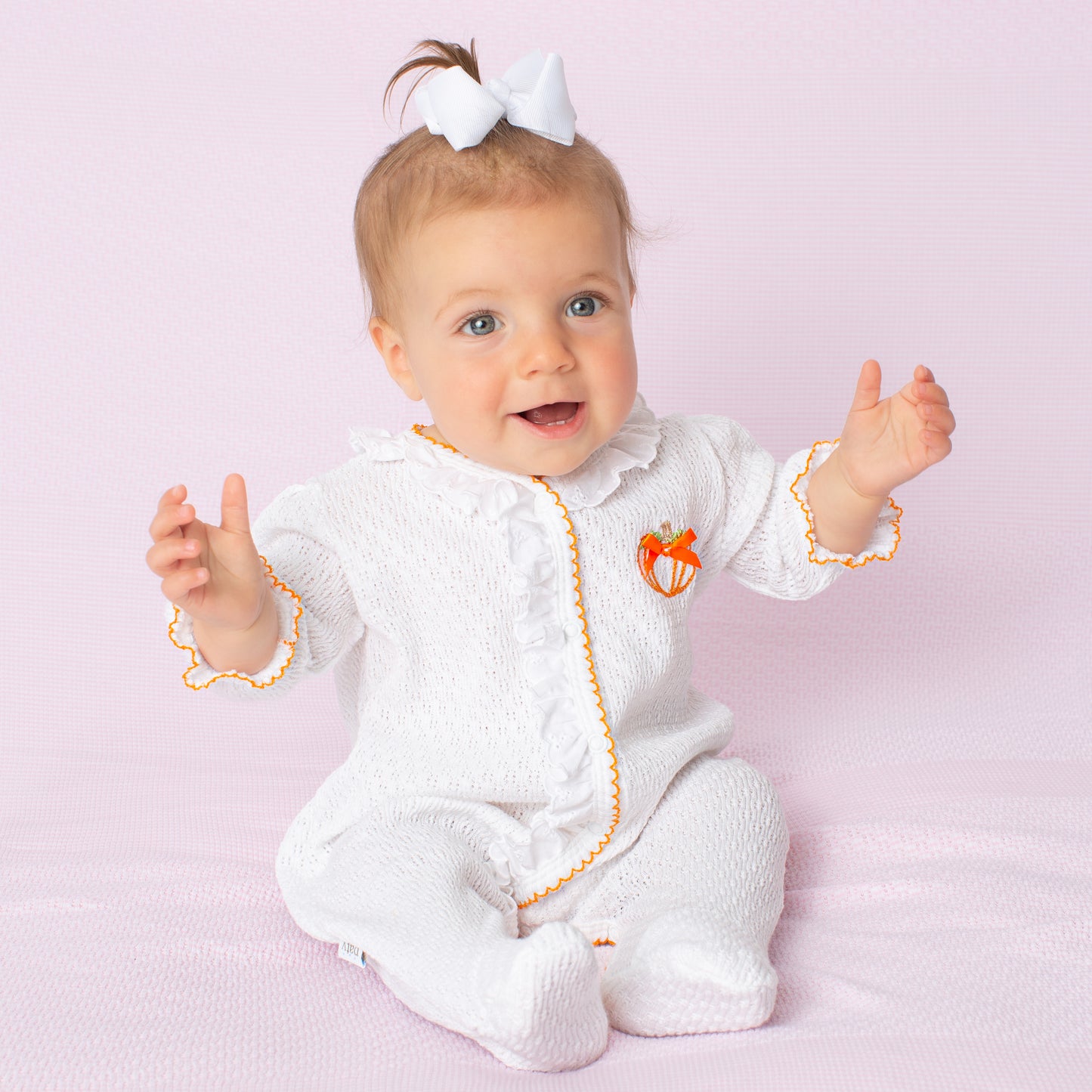 Paty Knit Eyelet Footie with Pumpkin Embroidery