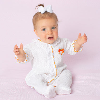 Paty Knit Eyelet Footie with Pumpkin Embroidery