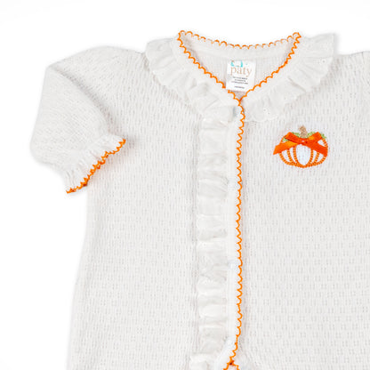 Paty Knit Eyelet Footie with Pumpkin Embroidery
