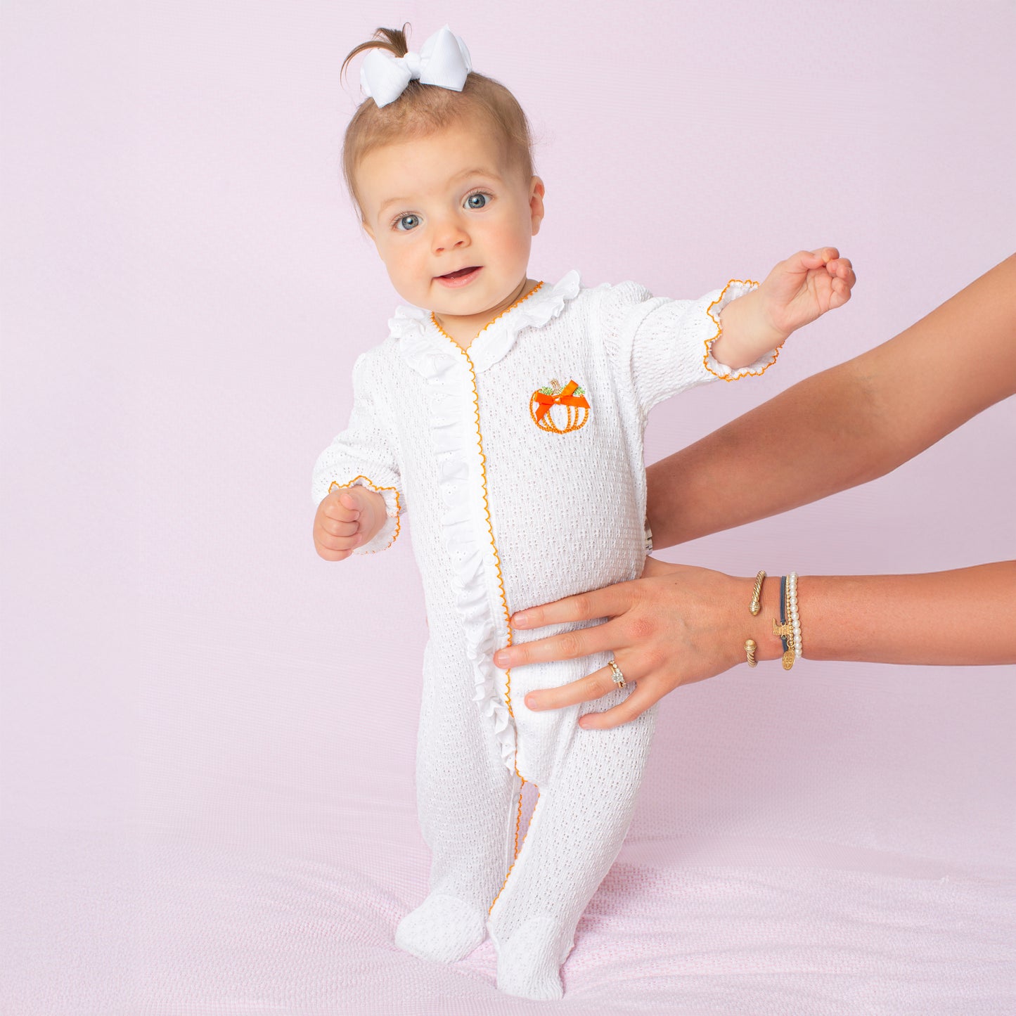 Paty Knit Eyelet Footie with Pumpkin Embroidery