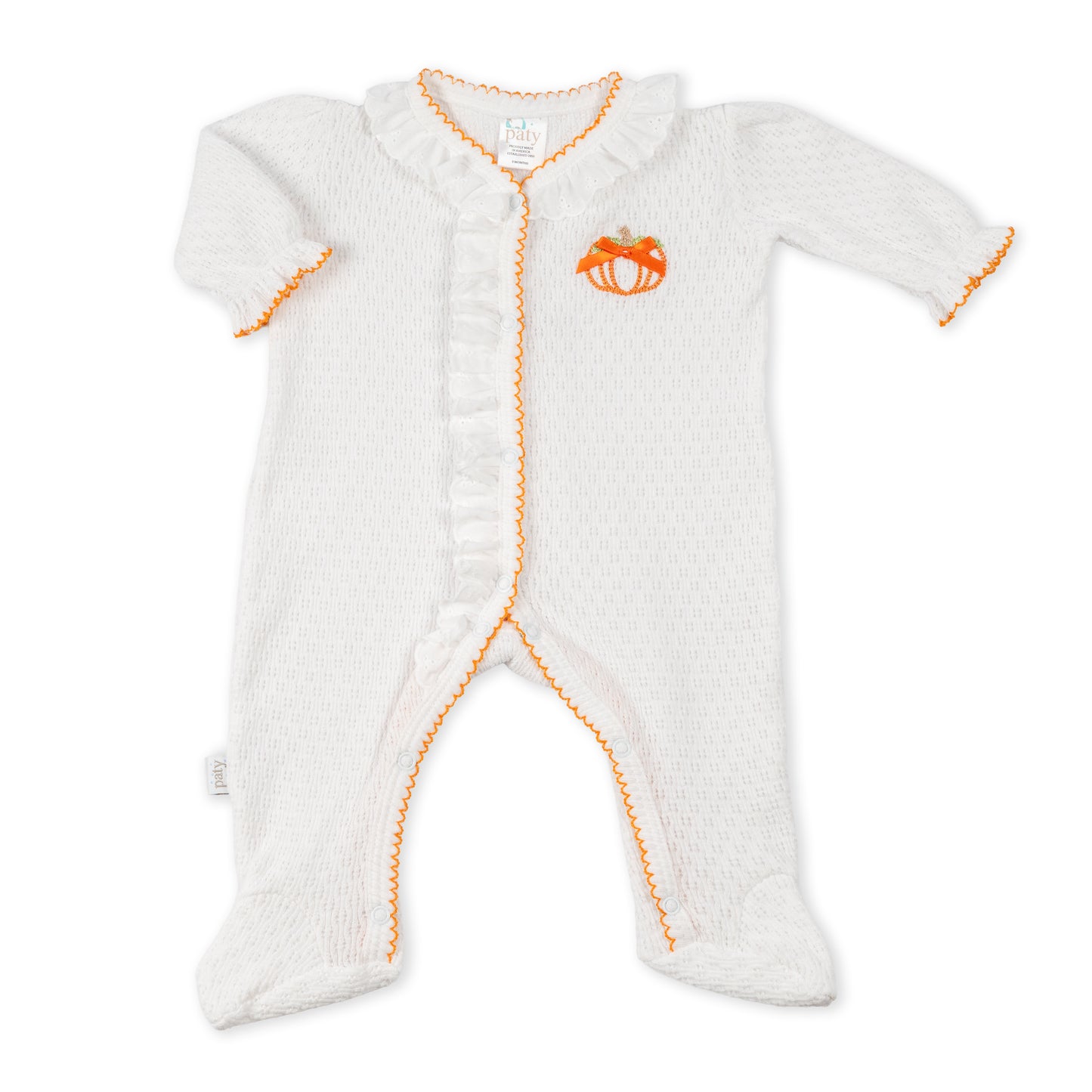 Paty Knit Eyelet Footie with Pumpkin Embroidery