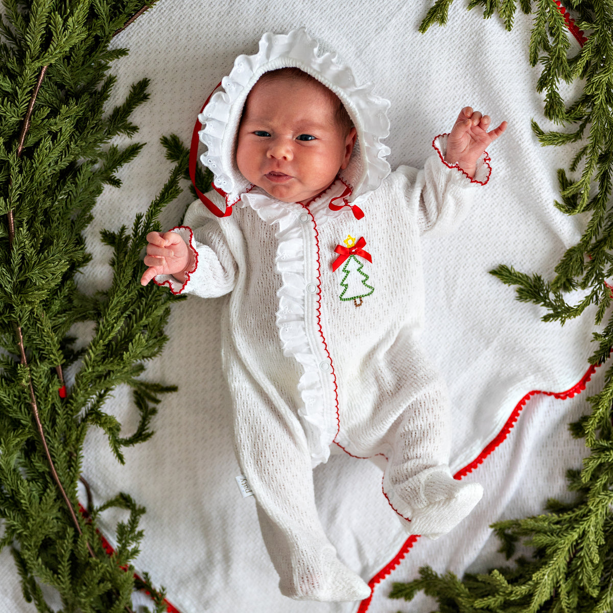PatyKnit™ Eyelet Footie with Christmas Tree Embroidery